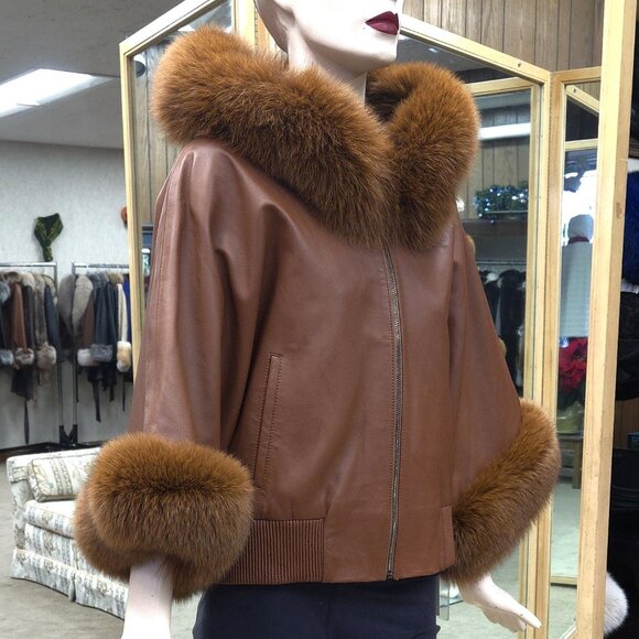 Brown Cabretta Lamb Cape Jacket with Fox Fur Trim
